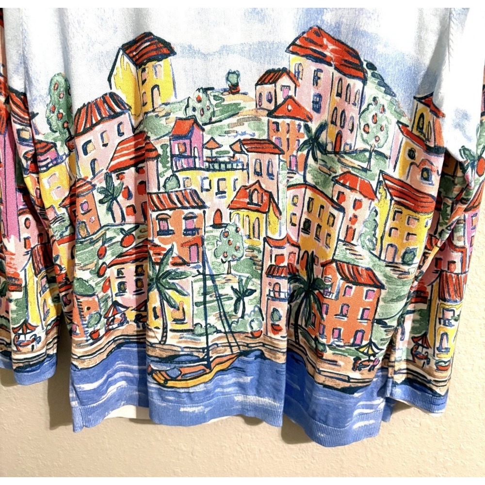 Talbots XL Cardigan Sweater Mediterranean Village Print Measures Like L - Picture 8 of 12